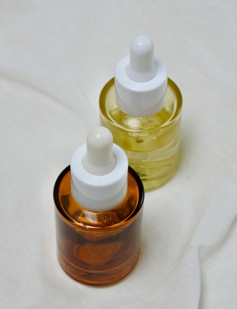 Glass dropper bottles of skincare serum